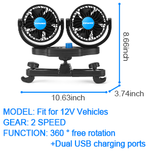 SUPAREE Double Tête Ventilateur Voiture Refroidissement Ventilateur 12v Voiture 2 USB 2 Vitesses