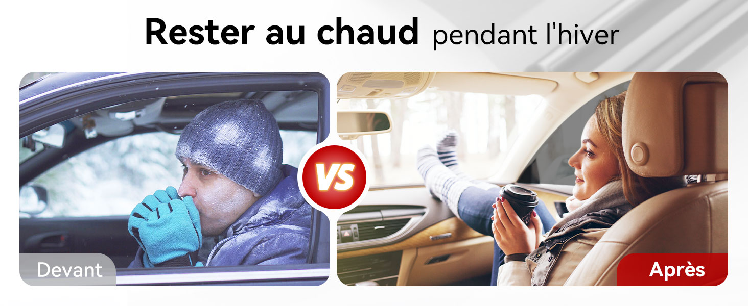 Comparaison avant/après montrant la gestion de la température intérieure de la voiture, étiquetée « Rester au chaud pendant hiver ».