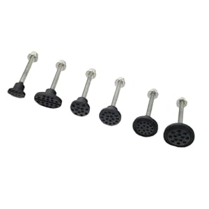 Ensemble de six vis ou boulons métalliques avec des capuchons circulaires noirs en caoutchouc ou en plastique disposés en rangée, dont la taille diminue de gauche à droite.